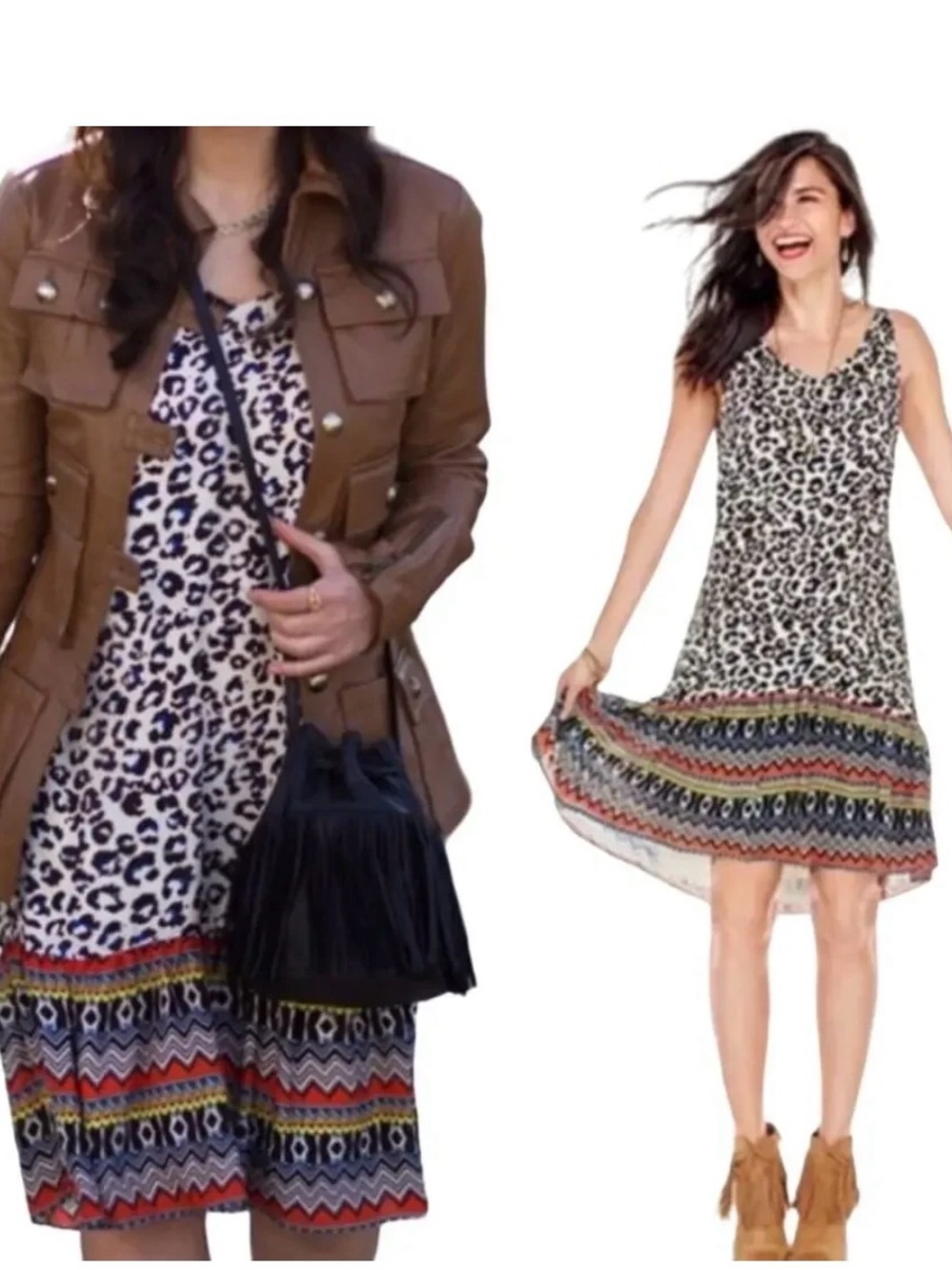 CAbi Leopard Print Mini Dress with Multicolor Tribal Hem